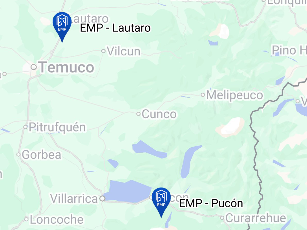 Mapa con ubicaciones EMP en Pucón y Lautaro, estructuras metálicas en Araucanía
